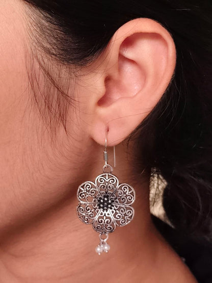 Pearl Hook Ethnic German Silver Flower Earrings