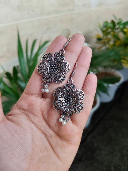 Pearl Hook Ethnic German Silver Flower Earrings