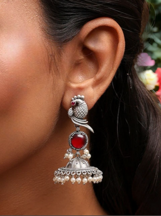 Oxidised Silver Look-Alike Stone Work Jhumka Earrings