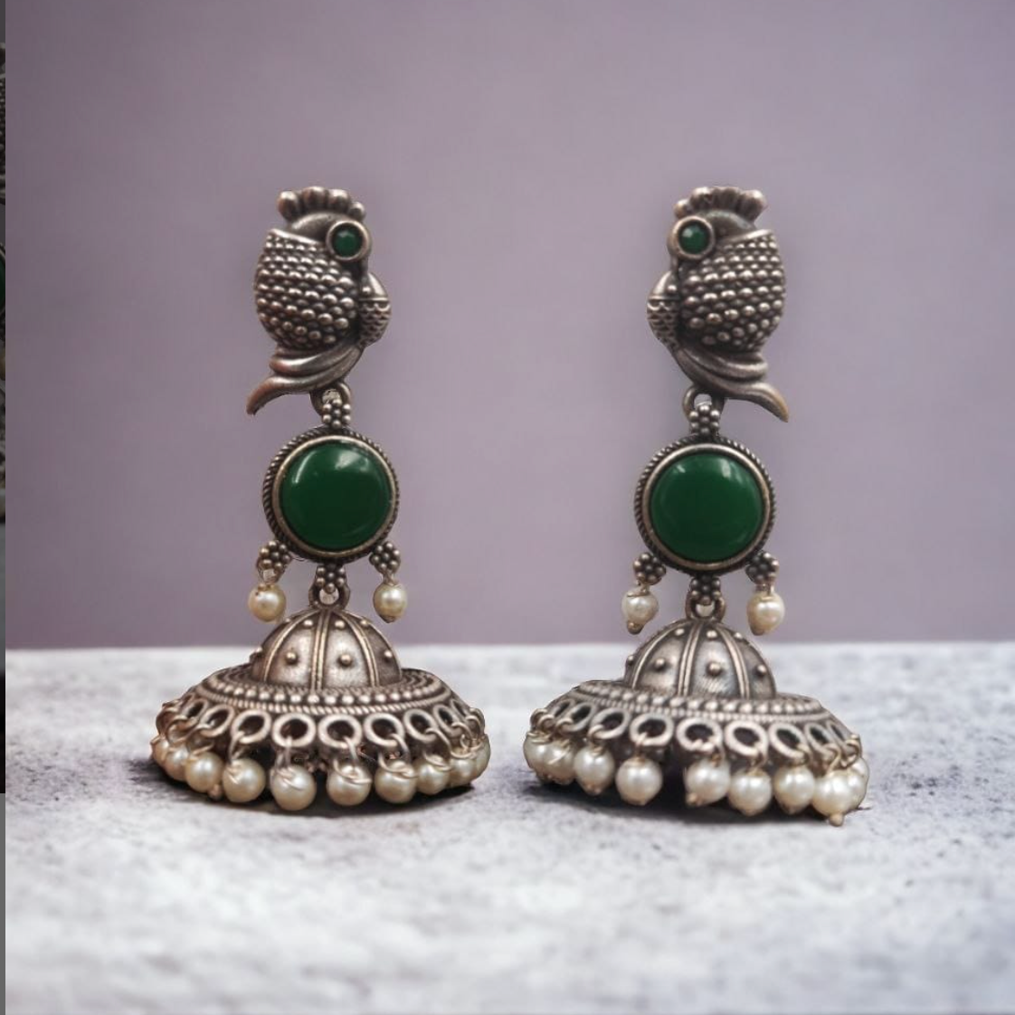 Oxidised Silver Look-Alike Stone Work Jhumka Earrings