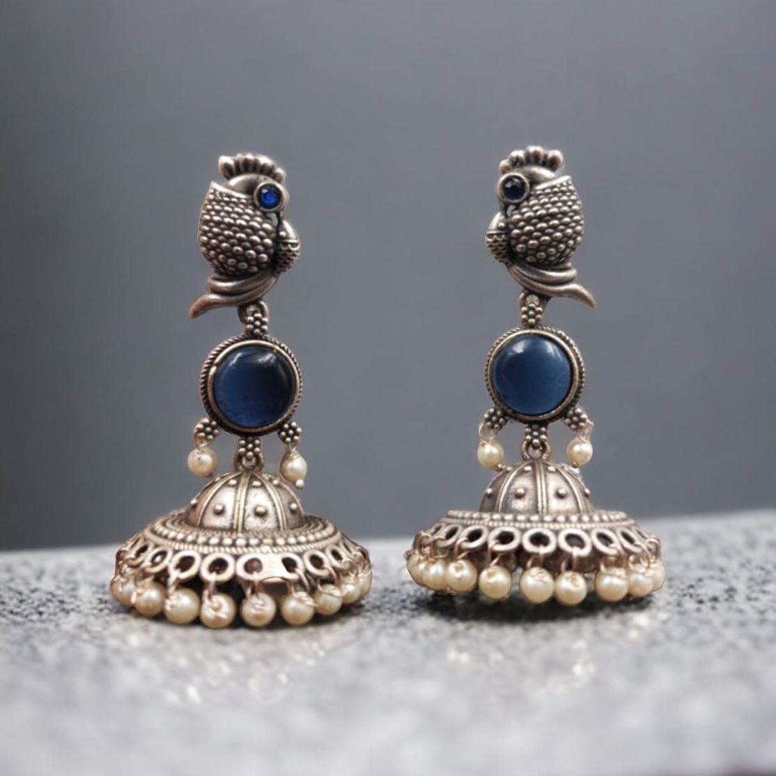 Oxidised Silver Look-Alike Stone Work Jhumka Earrings