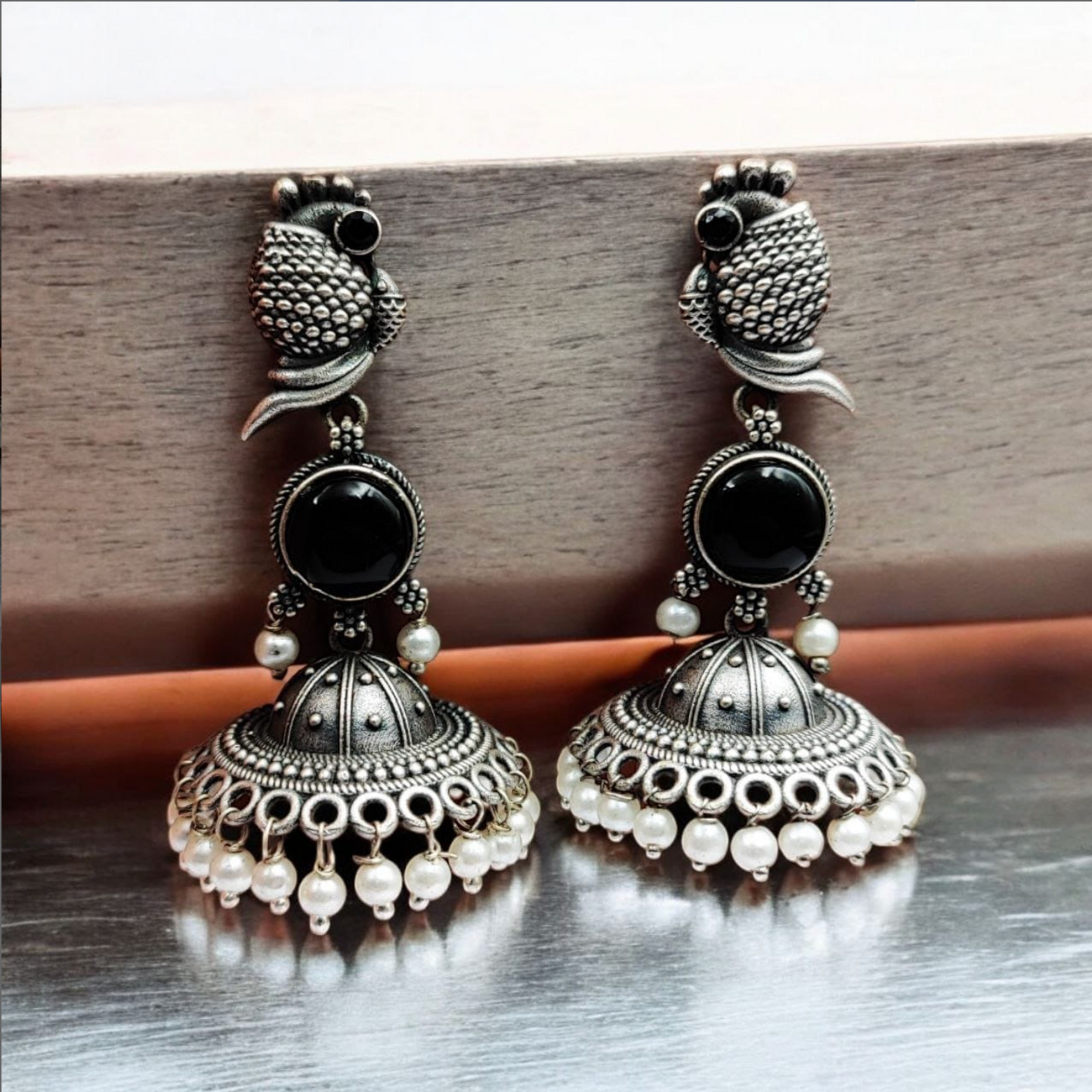 Oxidised Silver Look-Alike Stone Work Jhumka Earrings