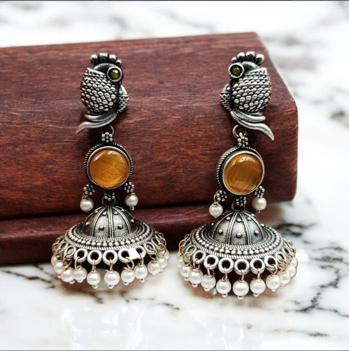 Oxidised Silver Look-Alike Stone Work Jhumka Earrings