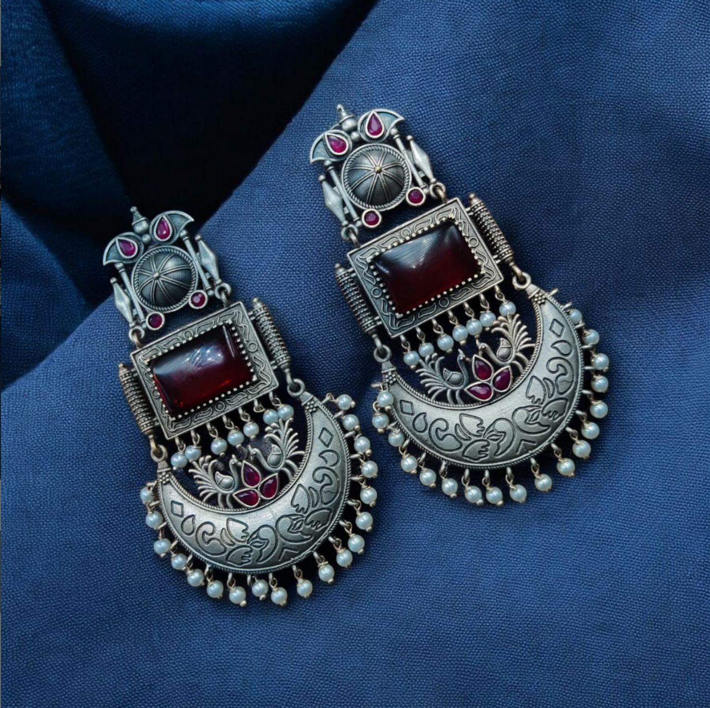 Oxidised Silver Monalisa Stone Earrings with Pearl Beads Detailing