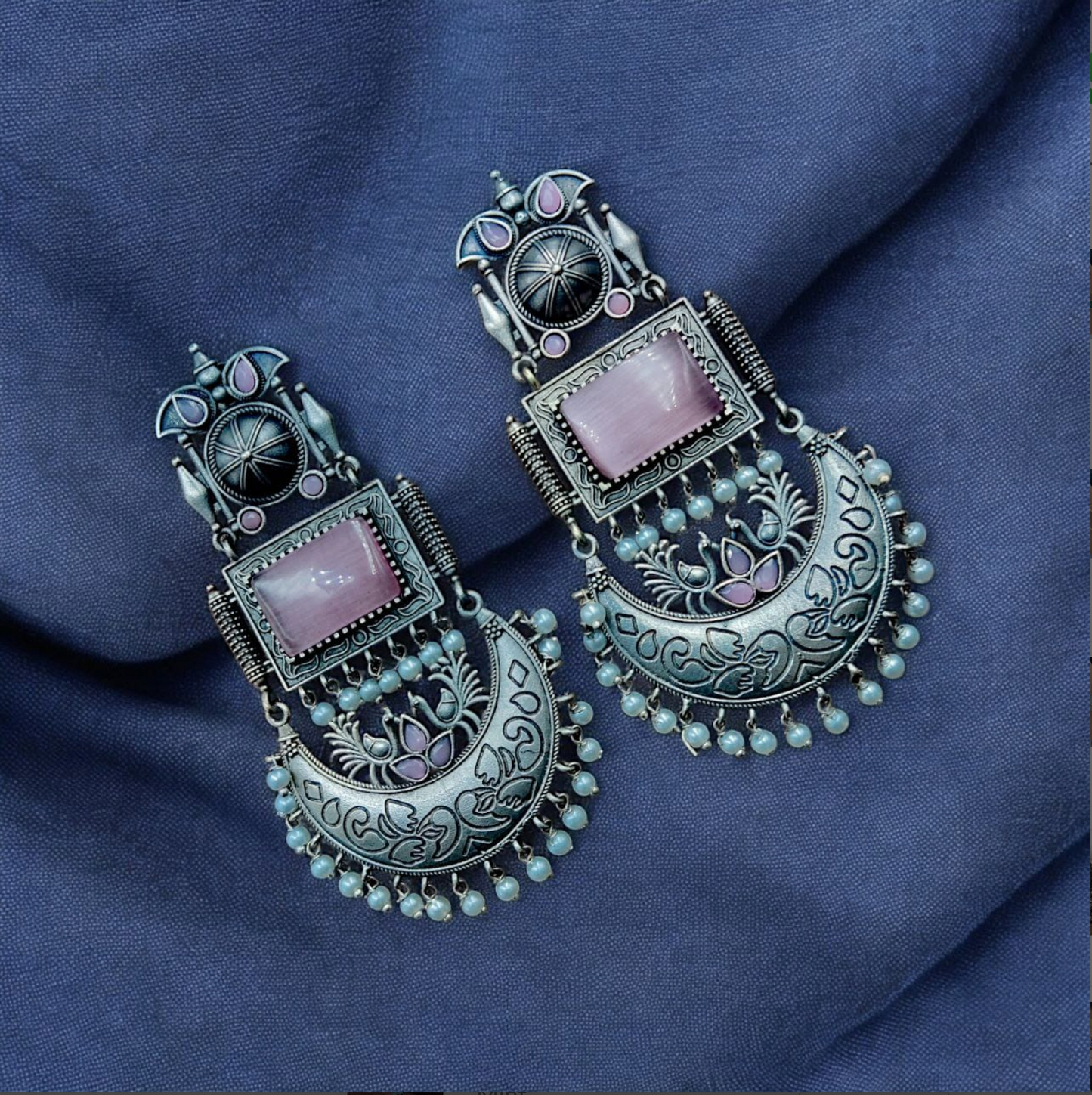 Oxidised Silver Monalisa Stone Earrings with Pearl Beads Detailing