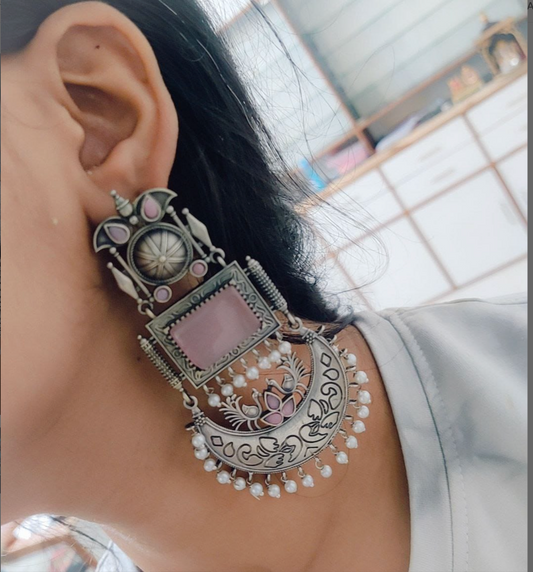 Oxidised Silver Monalisa Stone Earrings with Pearl Beads Detailing
