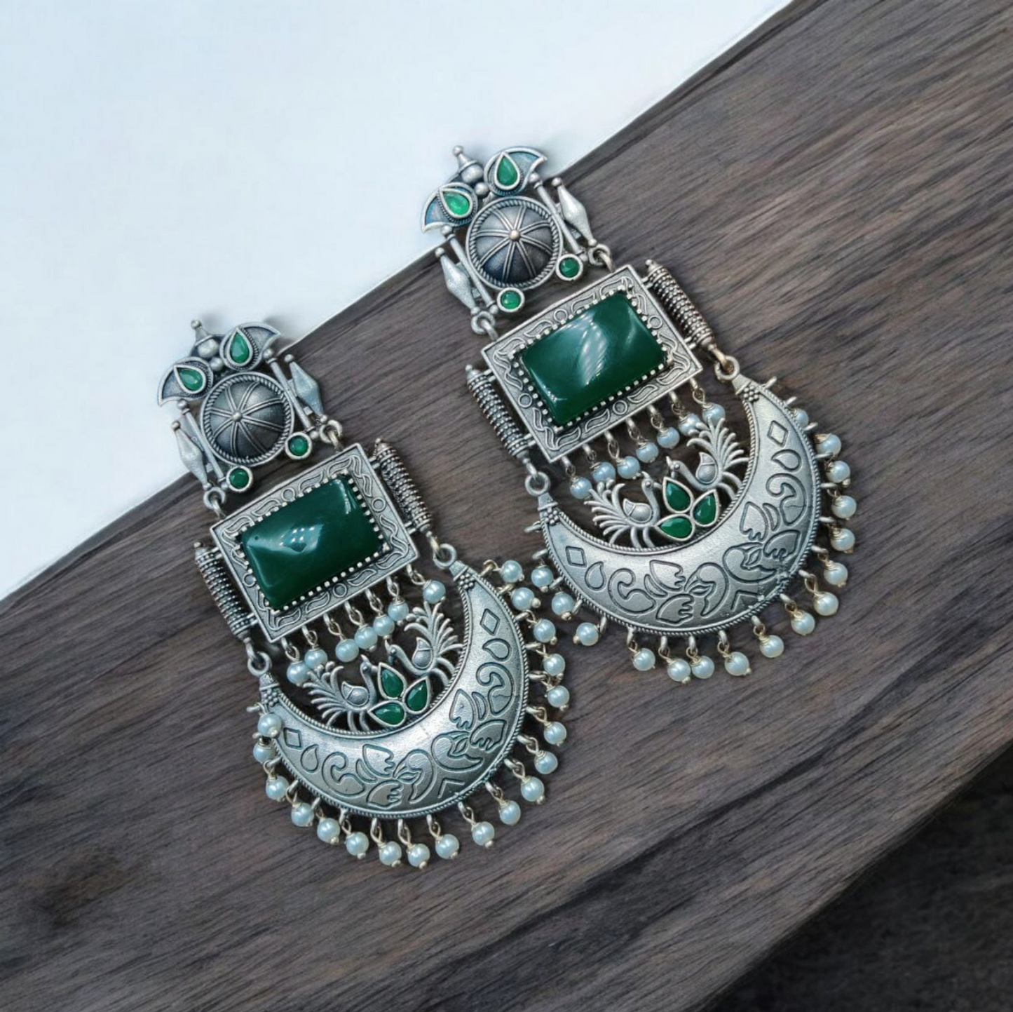Oxidised Silver Monalisa Stone Earrings with Pearl Beads Detailing