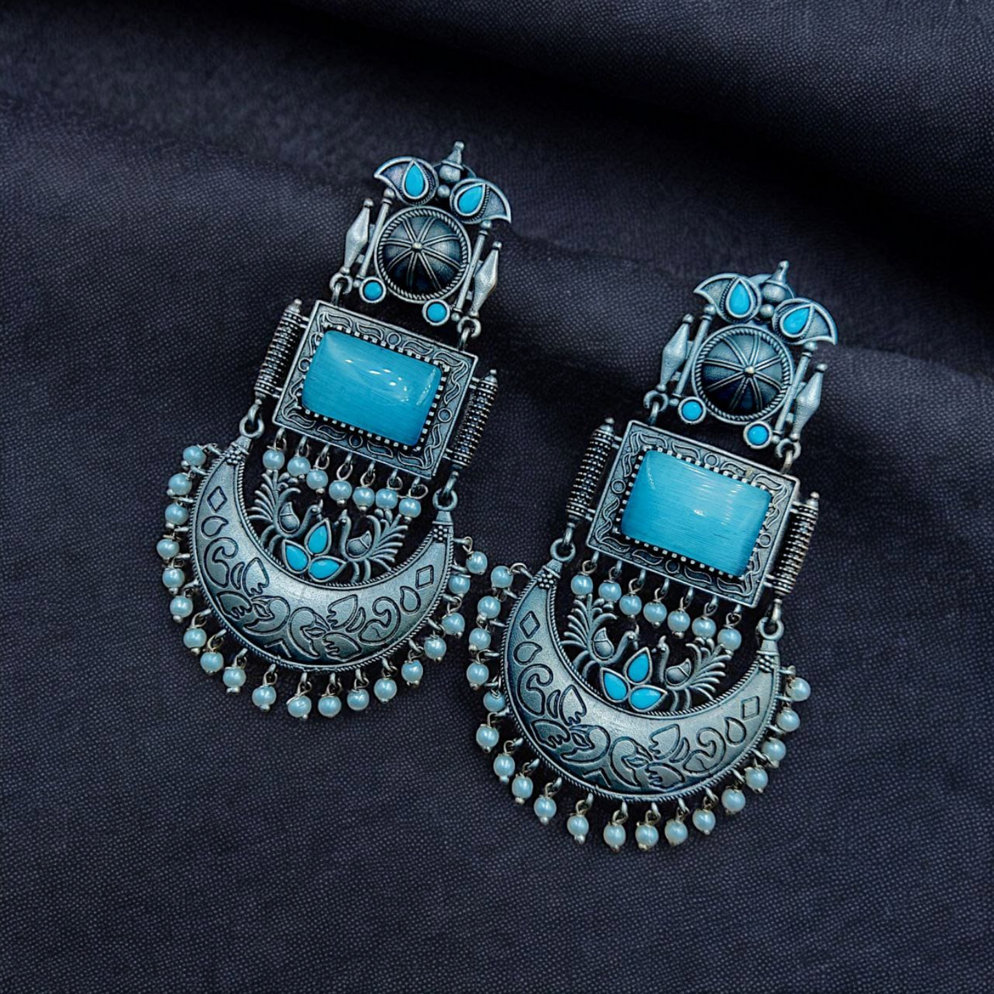 Oxidised Silver Monalisa Stone Earrings with Pearl Beads Detailing