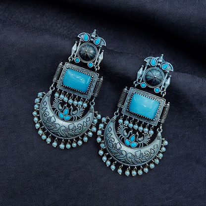 Oxidised Silver Monalisa Stone Earrings with Pearl Beads Detailing
