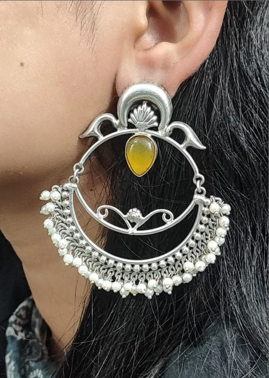 Handmade Silver Replica Chandbali Earrings with Monalisa Stone & Pearl Work
