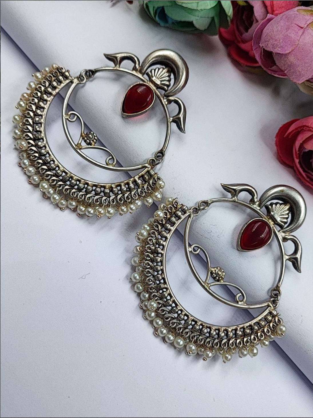 Handmade Silver Replica Chandbali Earrings with Monalisa Stone & Pearl Work