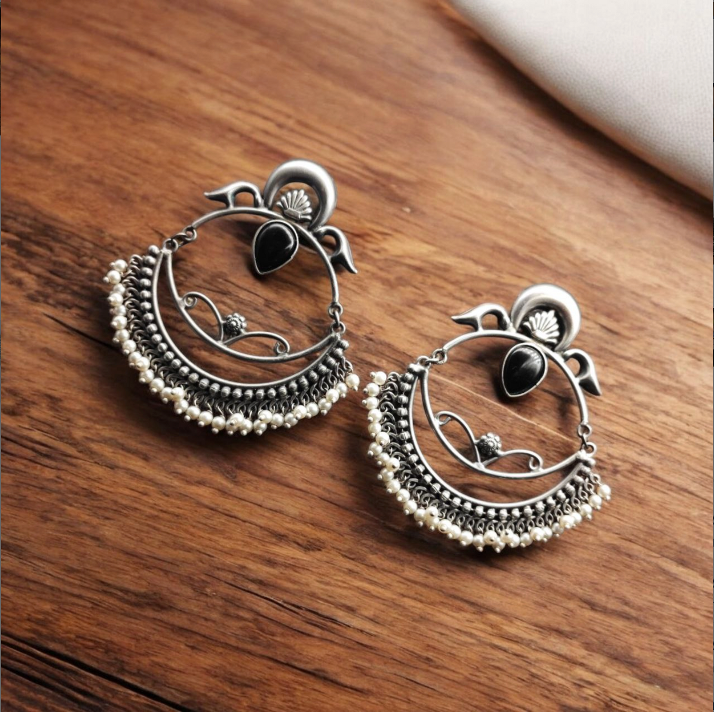 Handmade Silver Replica Chandbali Earrings with Monalisa Stone & Pearl Work