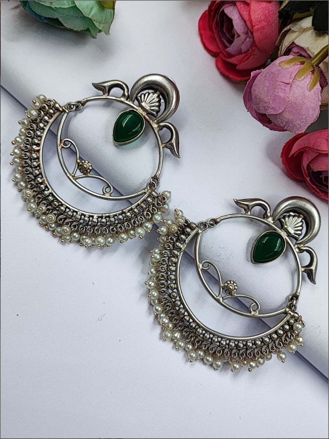 Handmade Silver Replica Chandbali Earrings with Monalisa Stone & Pearl Work