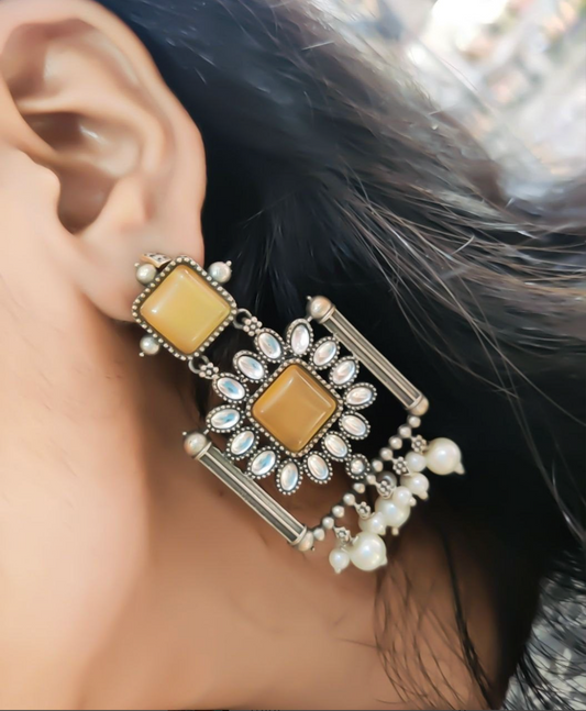 Silver Replica Square Monalisa Stone Dangler Earrings