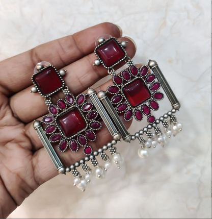 Silver Replica Square Monalisa Stone Dangler Earrings