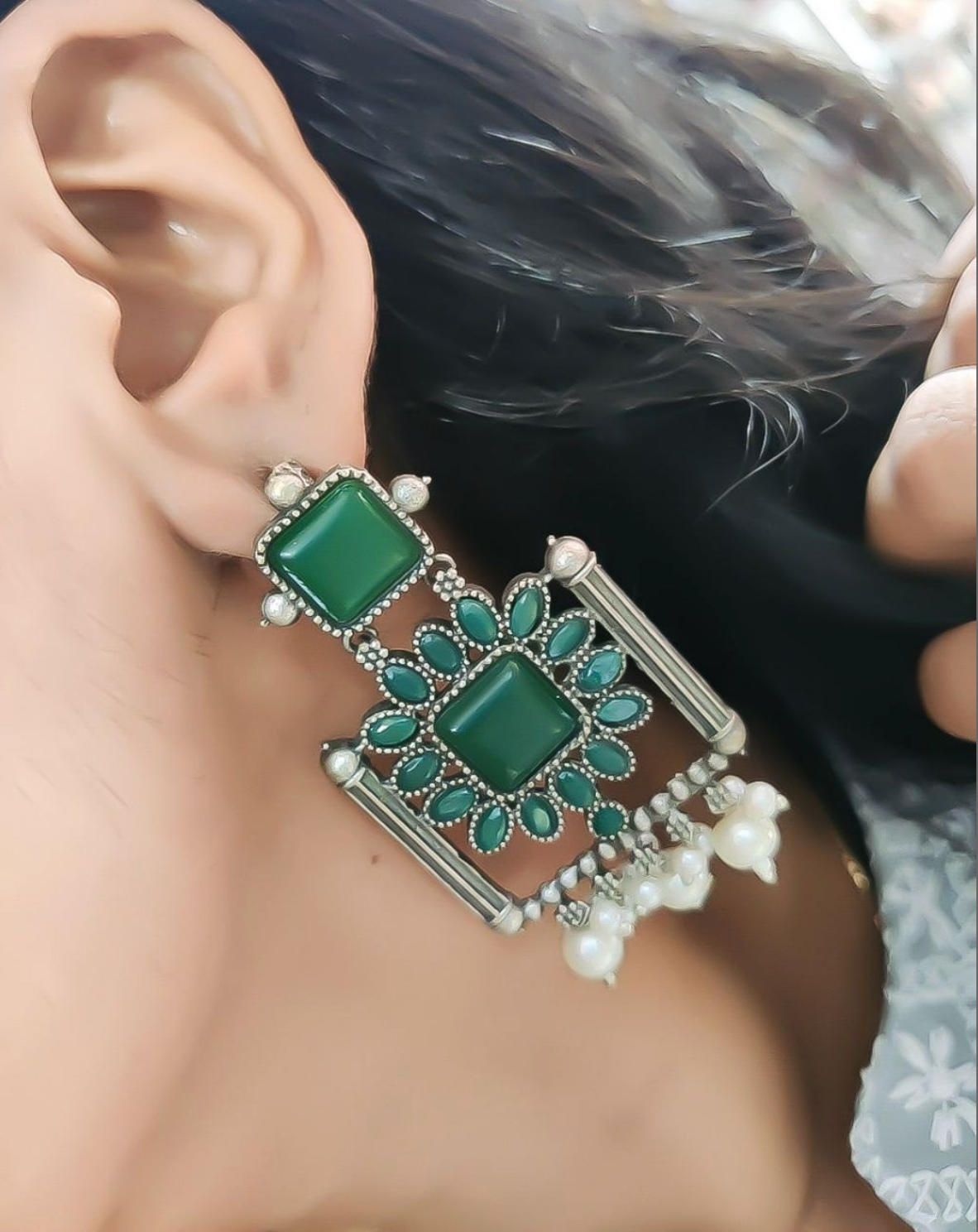 Silver Replica Square Monalisa Stone Dangler Earrings