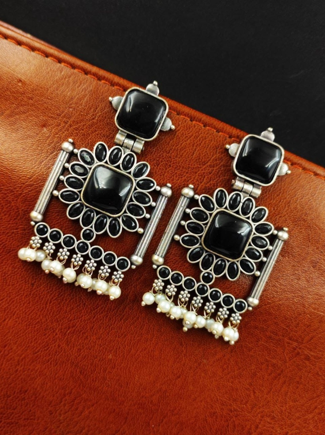 Silver Replica Square Monalisa Stone Dangler Earrings