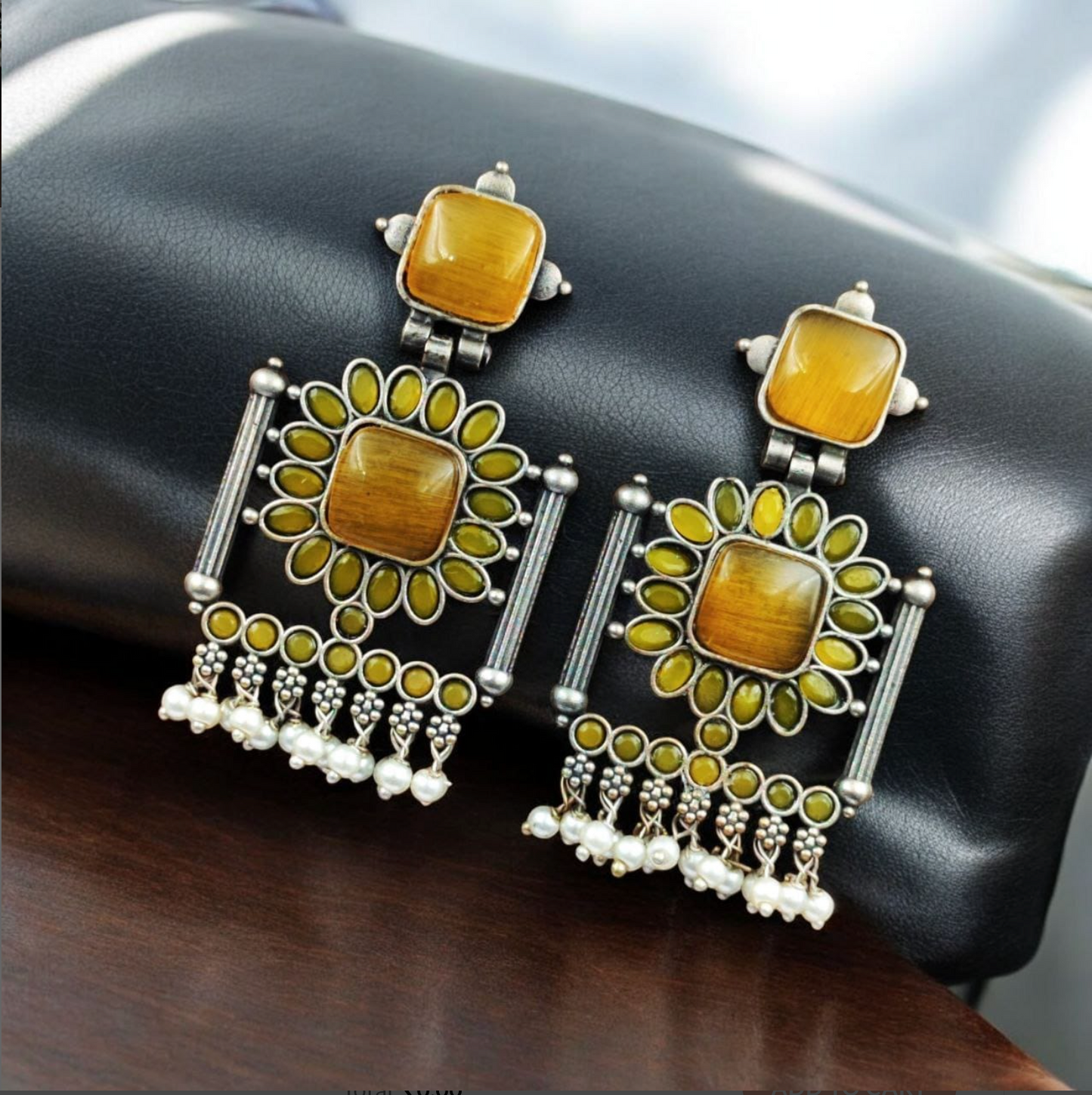 Silver Replica Square Monalisa Stone Dangler Earrings