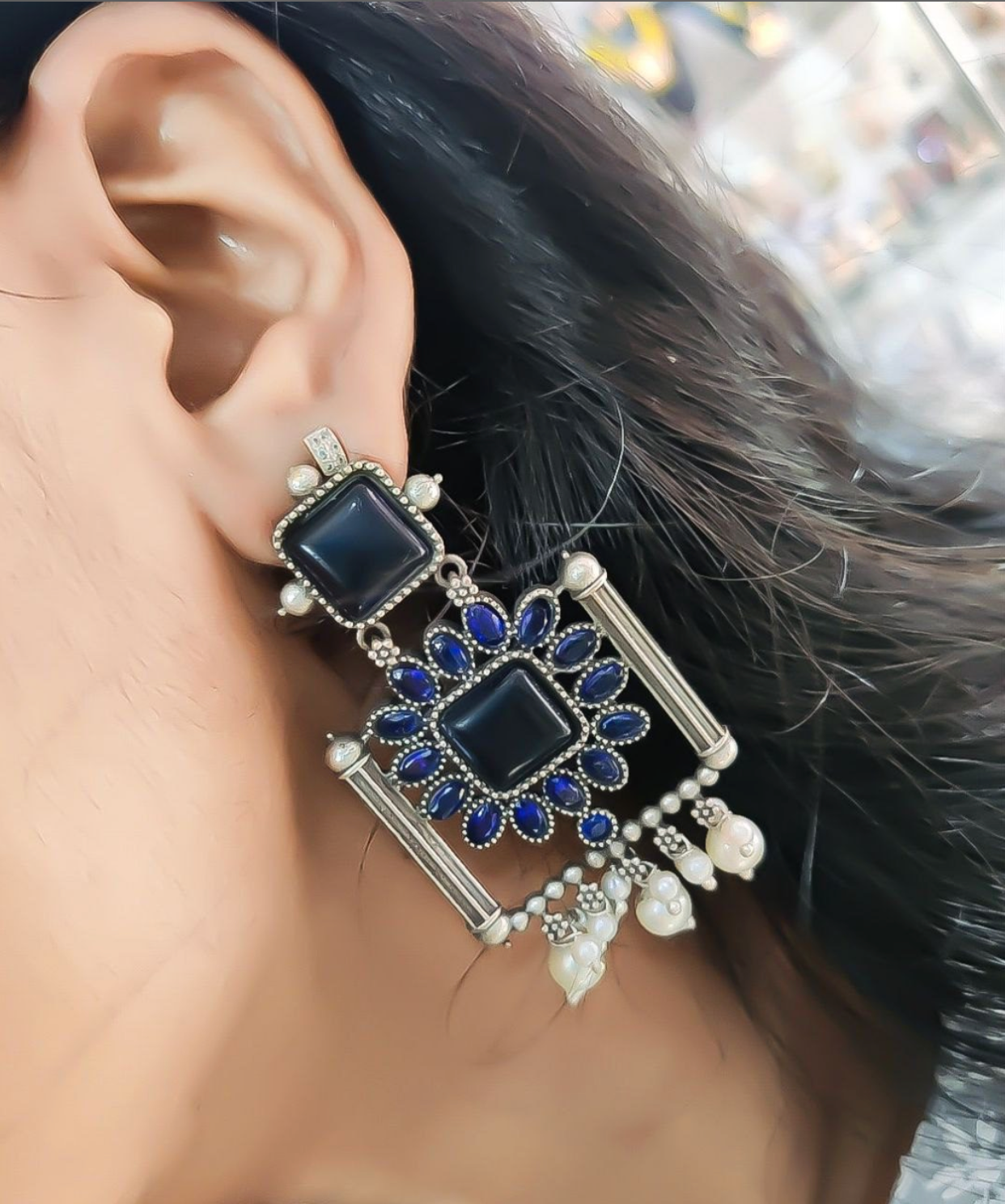 Silver Replica Square Monalisa Stone Dangler Earrings