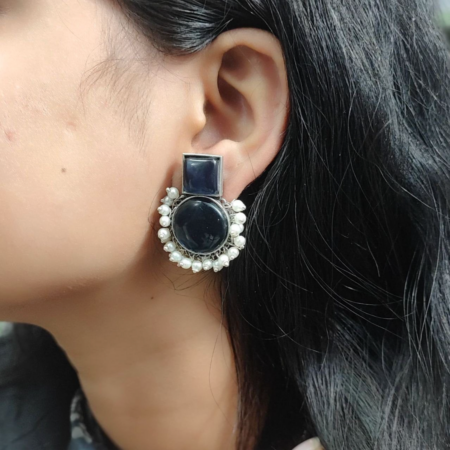 Monalisa Stone Silver Replica Stud Earrings – Elegant Silver Look-Alike Jewellery