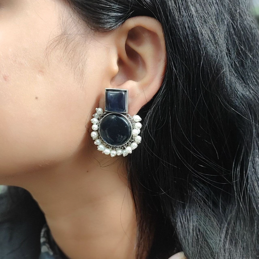 Monalisa Stone Silver Replica Stud Earrings – Elegant Silver Look-Alike Jewellery