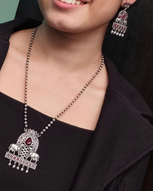 Silver Oxidised Nandi Pendant Necklace with Stone & Amazing Pearl work