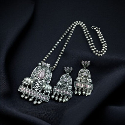 Silver Oxidised Nandi Pendant Necklace with Stone & Amazing Pearl work