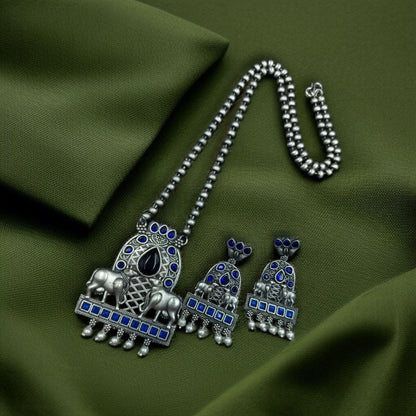 Silver Oxidised Nandi Pendant Necklace with Stone & Amazing Pearl work