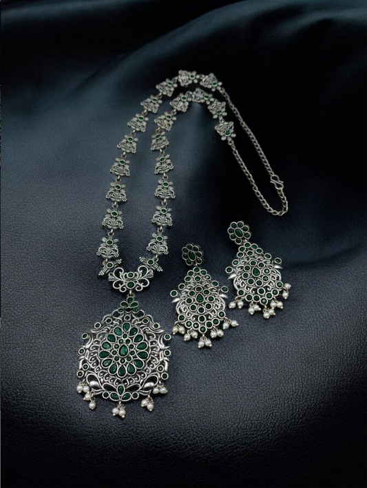 Silver Replica Long Haram Necklace | Traditional Heritage Oxidised Jewellery