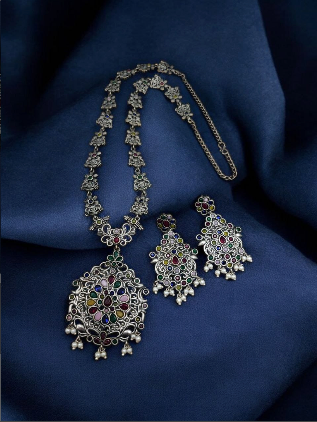 Silver Replica Long Haram Necklace | Traditional Heritage Oxidised Jewellery