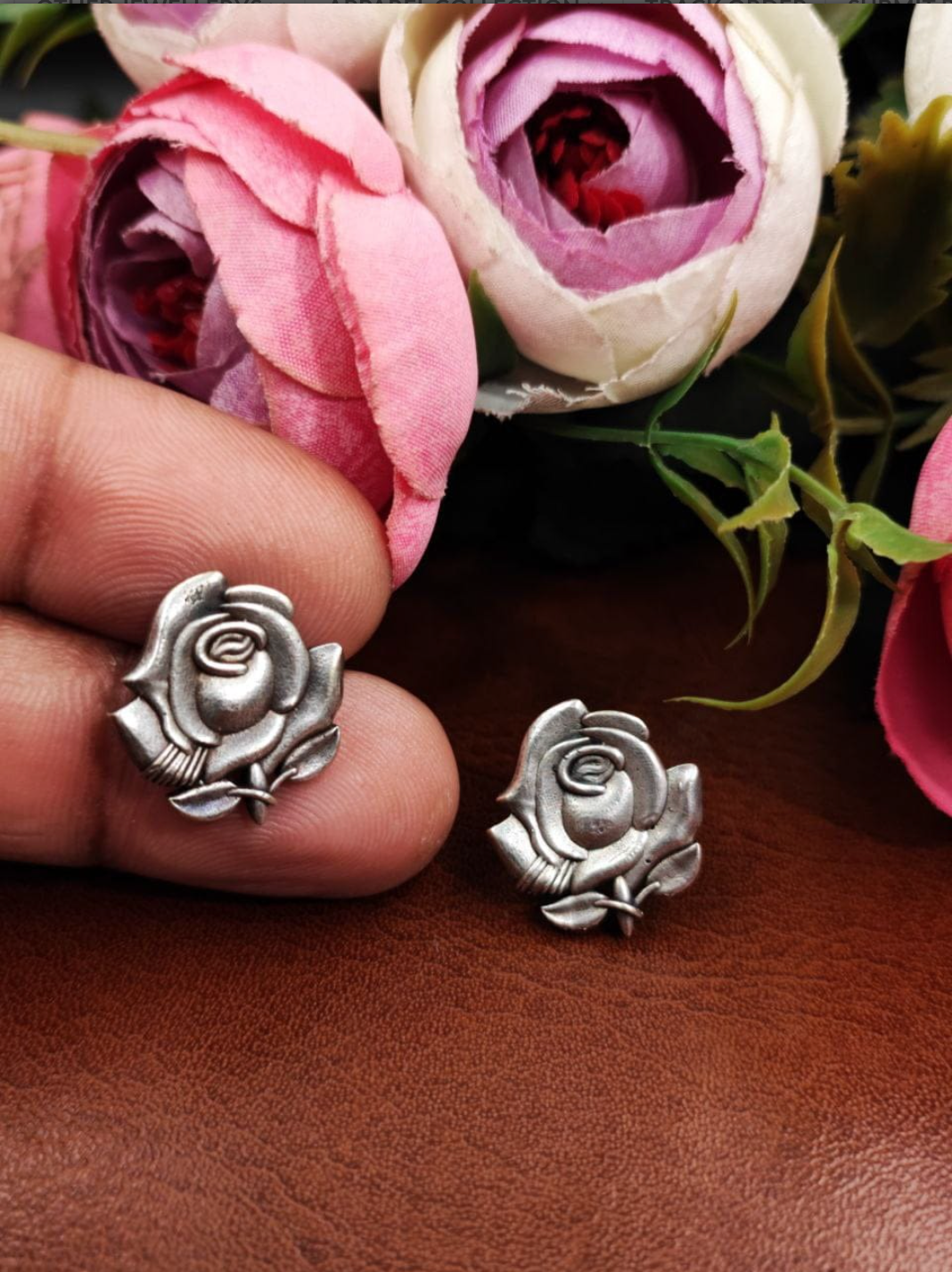 Silver Replica Oxidised Rose Earrings
