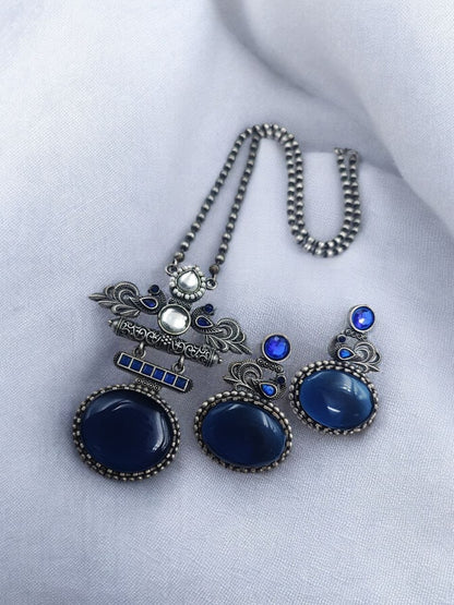 Silver Replica Peacock Design Monalisa Stone Necklace Set