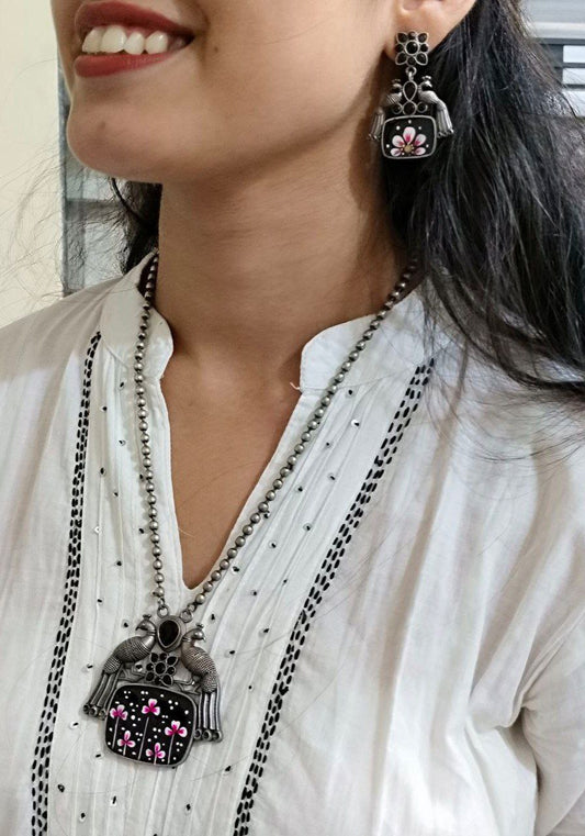 Traditional Hand Painted Silver Plated Peacock Ethnic Necklace Set