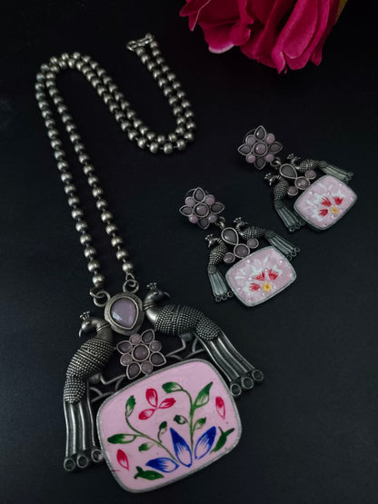 Traditional Hand Painted Silver Plated Peacock Ethnic Necklace Set