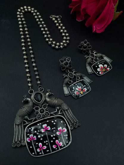 Traditional Hand Painted Silver Plated Peacock Ethnic Necklace Set
