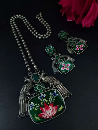 Traditional Hand Painted Silver Plated Peacock Ethnic Necklace Set