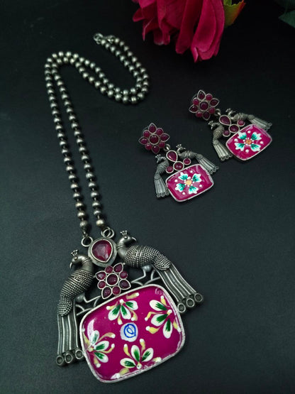 Traditional Hand Painted Silver Plated Peacock Ethnic Necklace Set