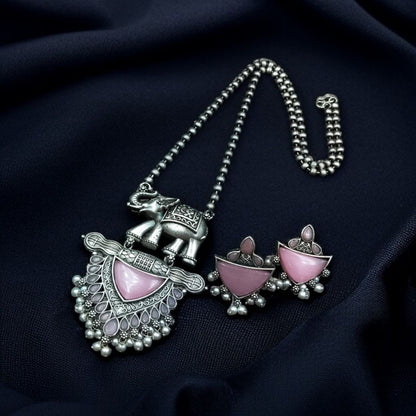 Traditional Oxidised Elephant Necklace Set with Best Monalisa Stone & Pearl Beads