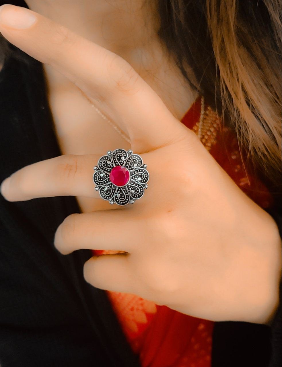 Silver Plated Round Oxidised Silver Stone Work Rings