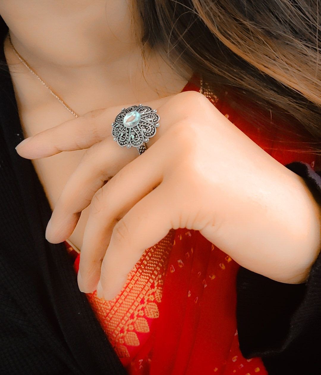 Silver Plated Round Oxidised Silver Stone Work Rings