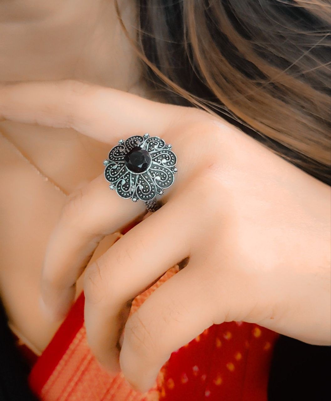 Silver Plated Round Oxidised Silver Stone Work Rings