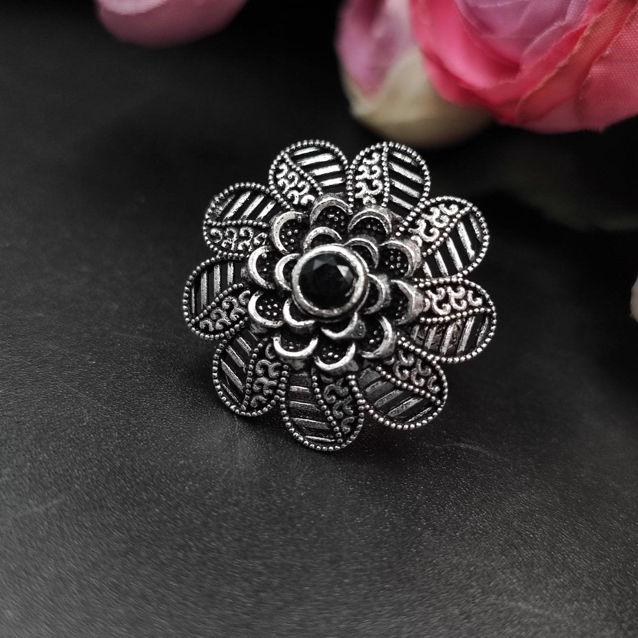 Designer Flower Silver Plated Round Oxidised Stone Work Rings