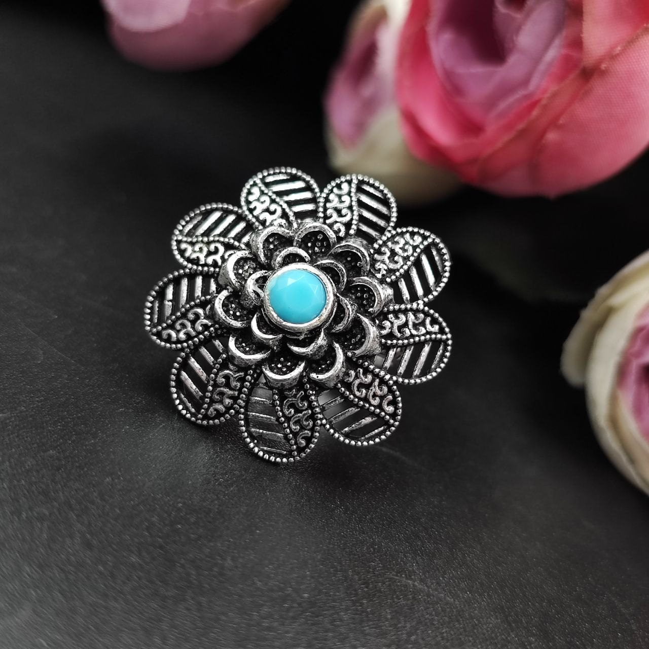 Designer Flower Silver Plated Round Oxidised Stone Work Rings