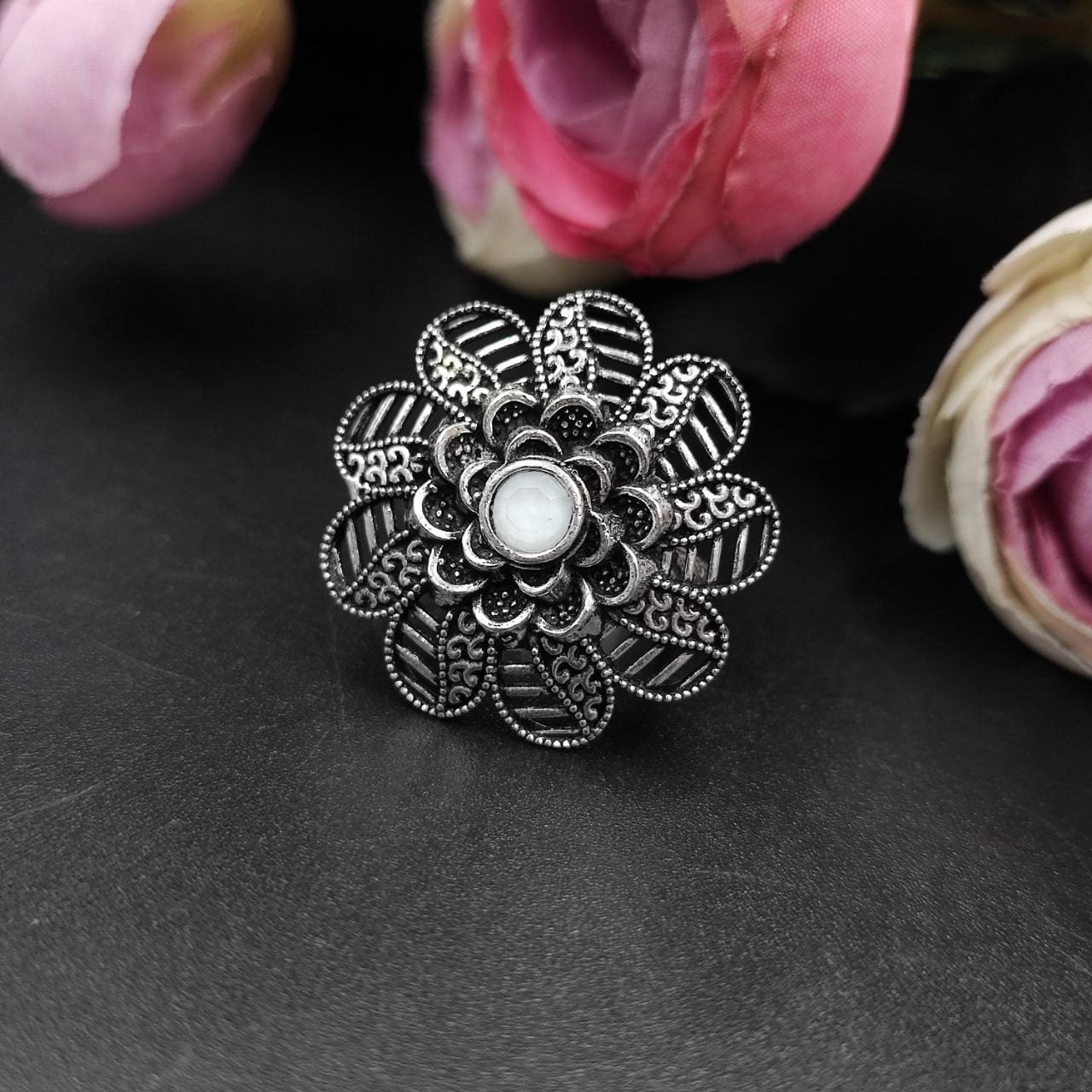 Designer Flower Silver Plated Round Oxidised Stone Work Rings