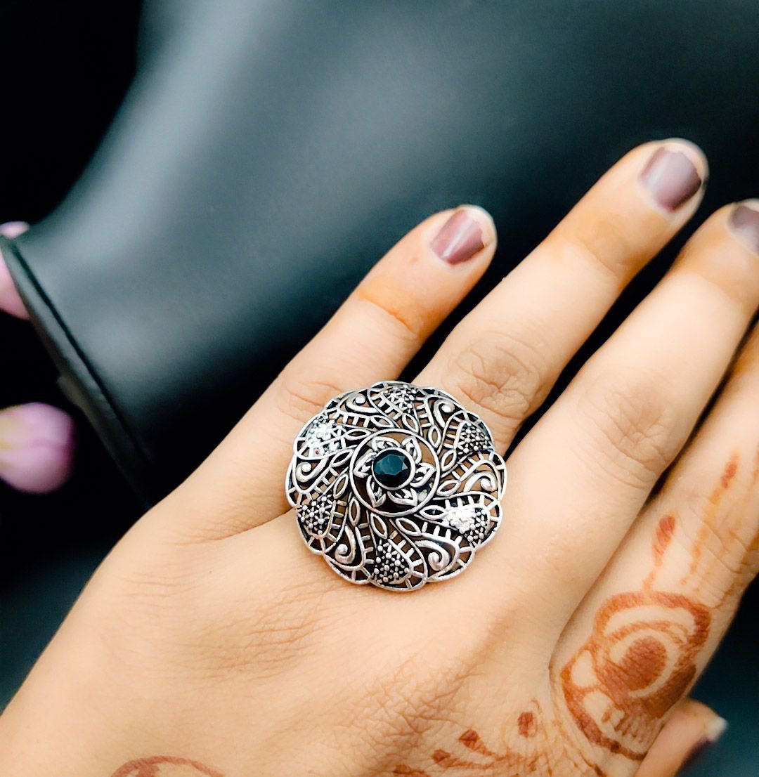 Oxidised Round Design Adjustable Ring