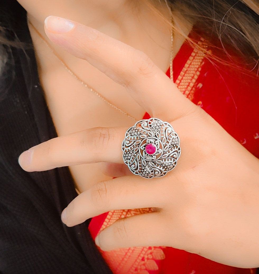 Oxidised Round Design Adjustable Ring