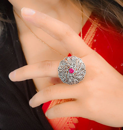 Oxidised Round Design Adjustable Ring