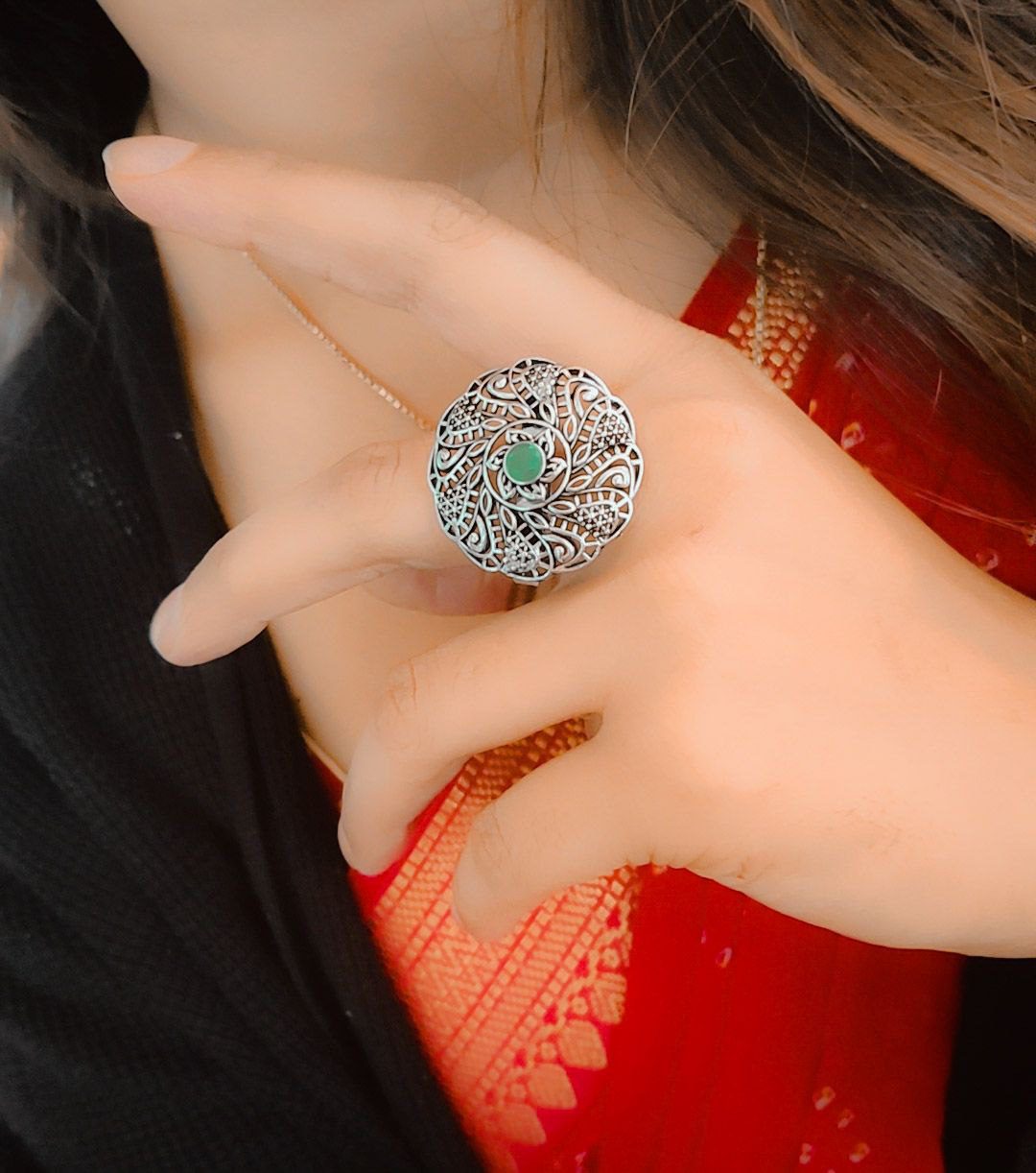 Oxidised Round Design Adjustable Ring
