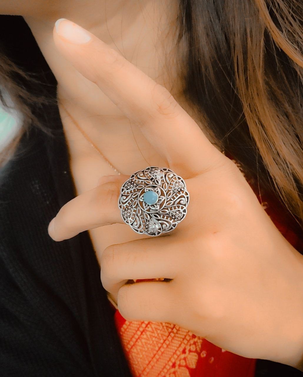 Oxidised Round Design Adjustable Ring