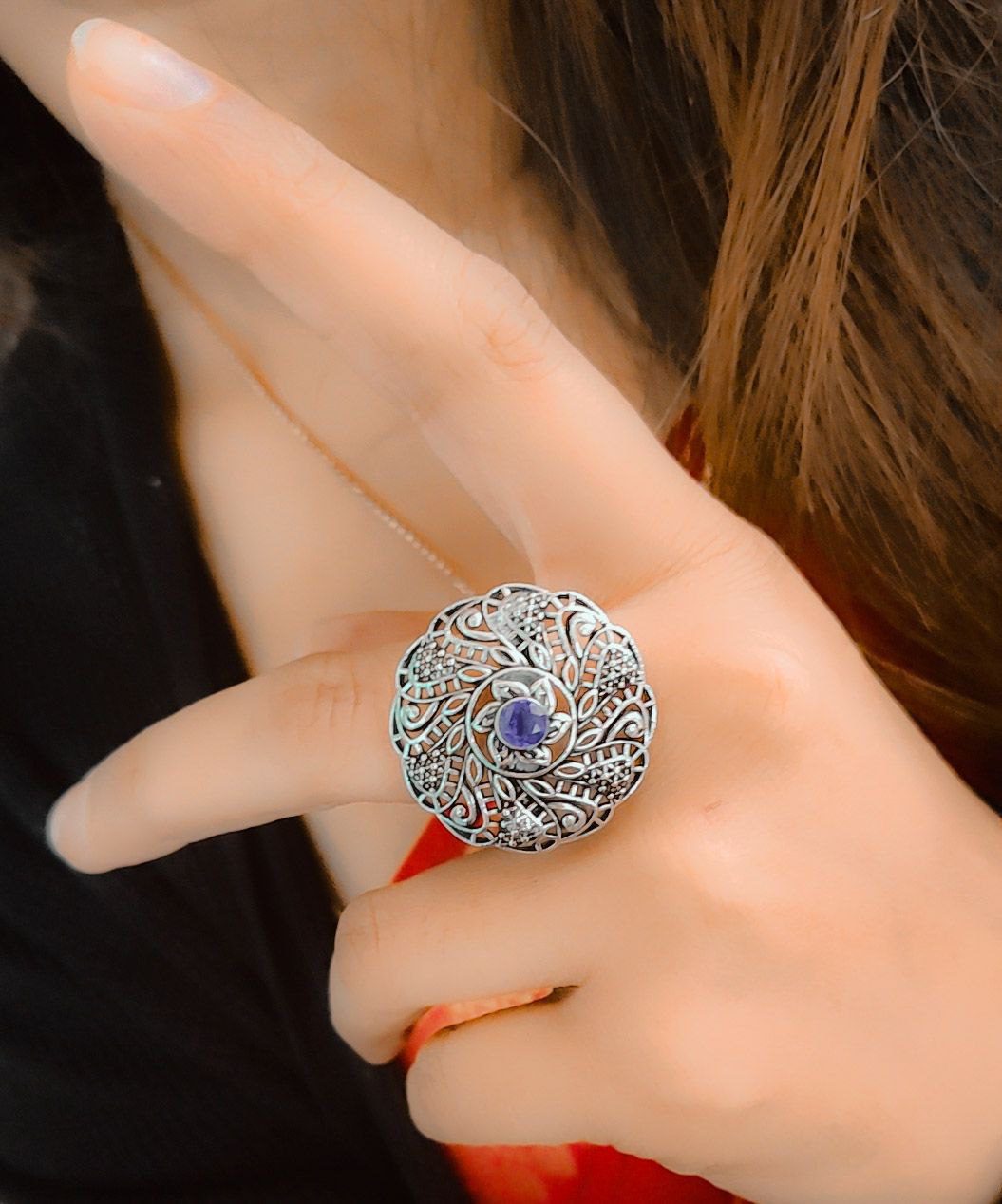 Oxidised Round Design Adjustable Ring